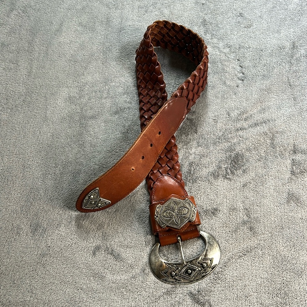 Brown Woven Leather Belt with Silver Buckle